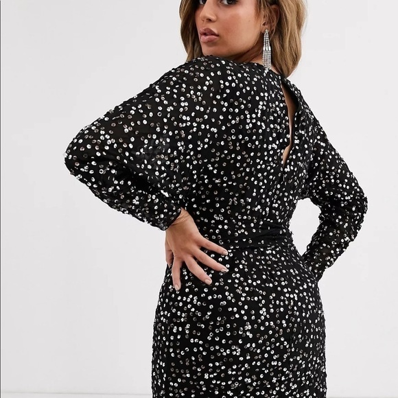 ASOS DESIGN mini dress with batwing sleeve and wrap waist in scatter sequin - Picture 3 of 8